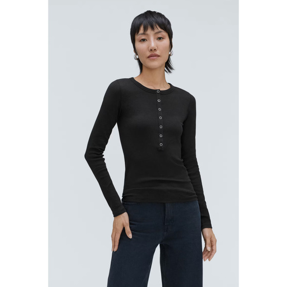 Everlane Tops - Everlane Supima Micro Rib Long-Sleeve Henley Womens XL Black Soft Slim Fit New